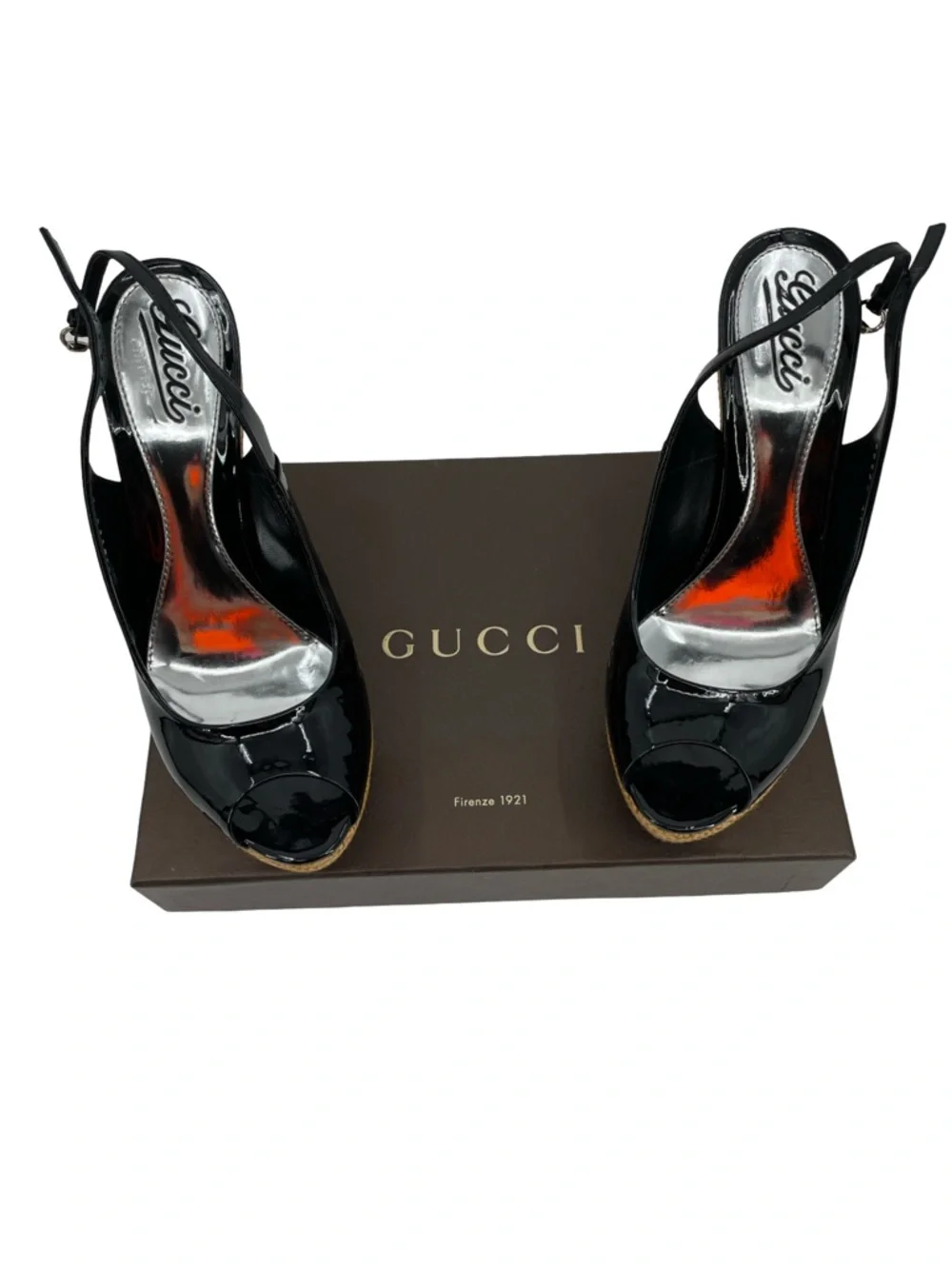 Gucci Black Patent Leather Raffia Wedges Sandals Size 41 BLACK Excellent - Picture 3 of 14